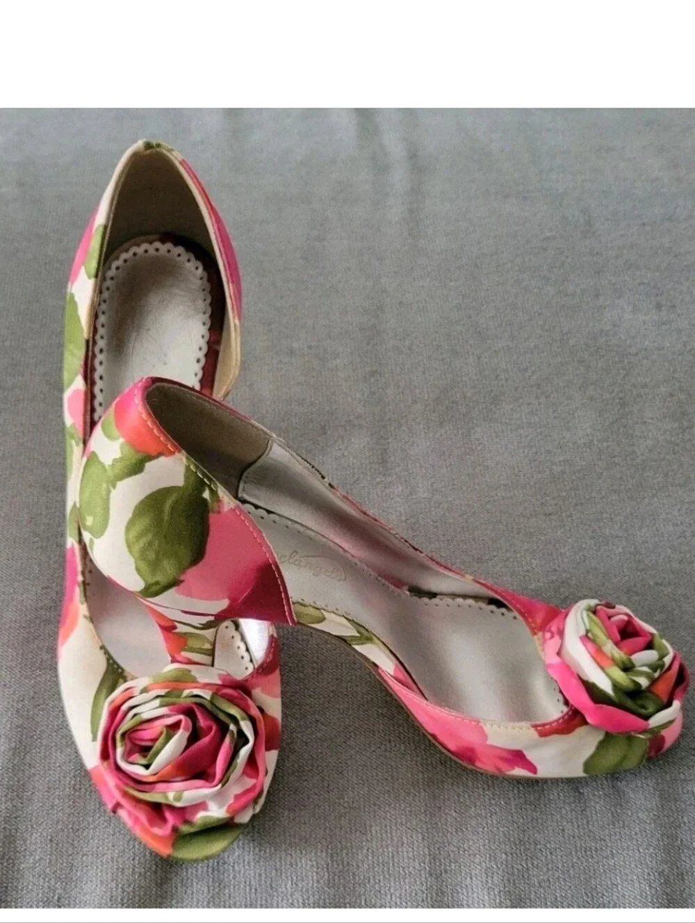 Y2k Michelangelo Bloom Satin Peep Toe Rose Bud Pumps Heels Leather Pink Sage 7.5